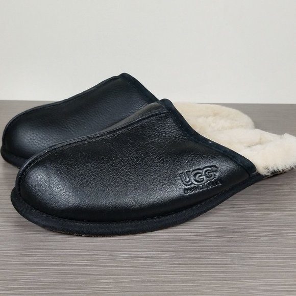 UGG Scuff Shearling-Lined Mule Slippers, Black Leather, Mens Size 12 US / 45.5 - Picture 3 of 8